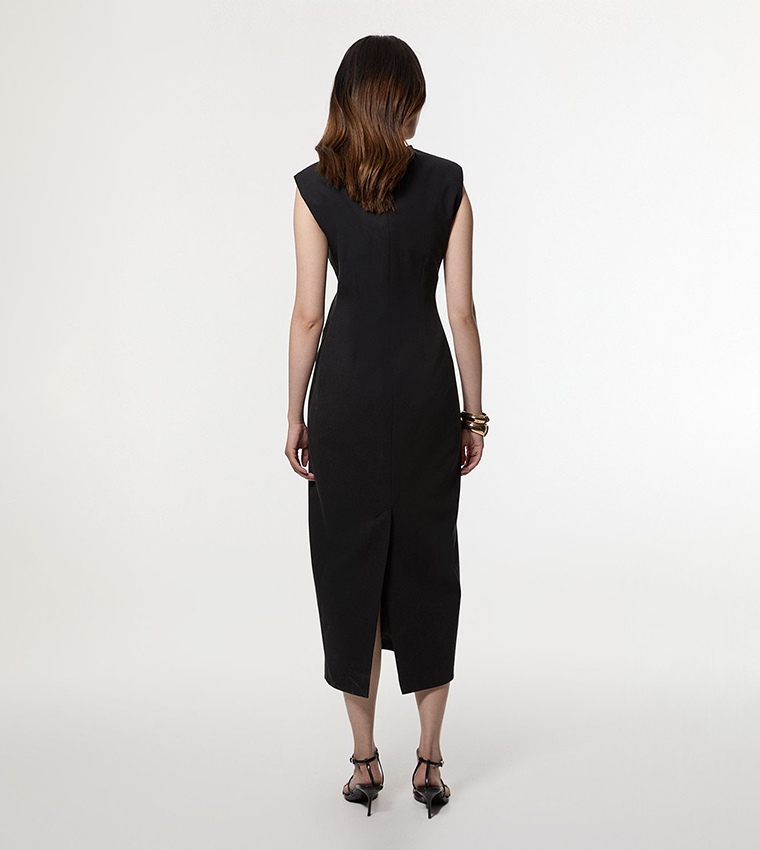 Compact Stretch Zip-Through Tailored Pencil Midi Dress