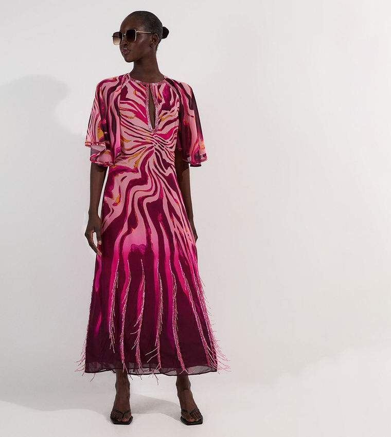 Tall Patterned Embellished Short Sleeves Georgette Maxi Dress