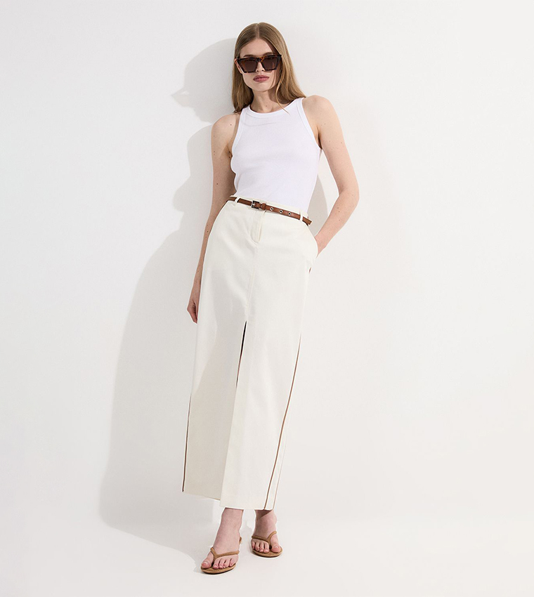 Belted Pocket Detail Denim Maxi Skirt