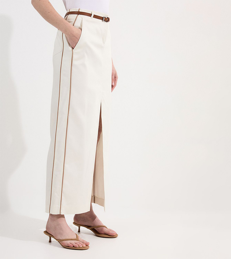 Belted Pocket Detail Denim Maxi Skirt