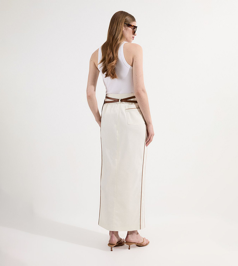 Belted Pocket Detail Denim Maxi Skirt