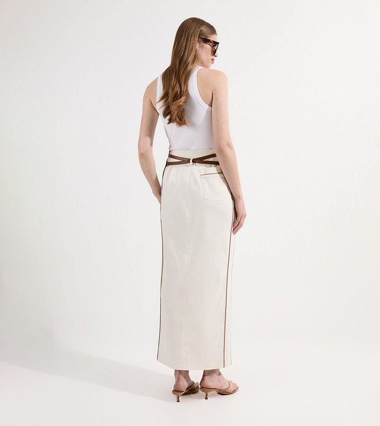 Belted Pocket Detail Denim Maxi Skirt