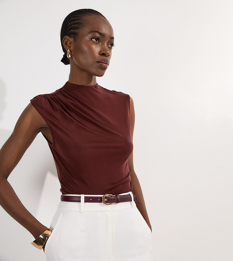 Tencel Pleated Detail High Neck Jersey Sleeveless Top