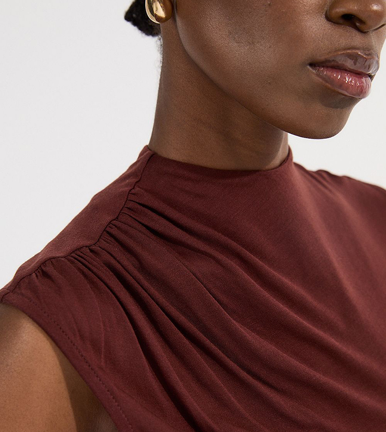 Tencel Pleated Detail High Neck Jersey Sleeveless Top