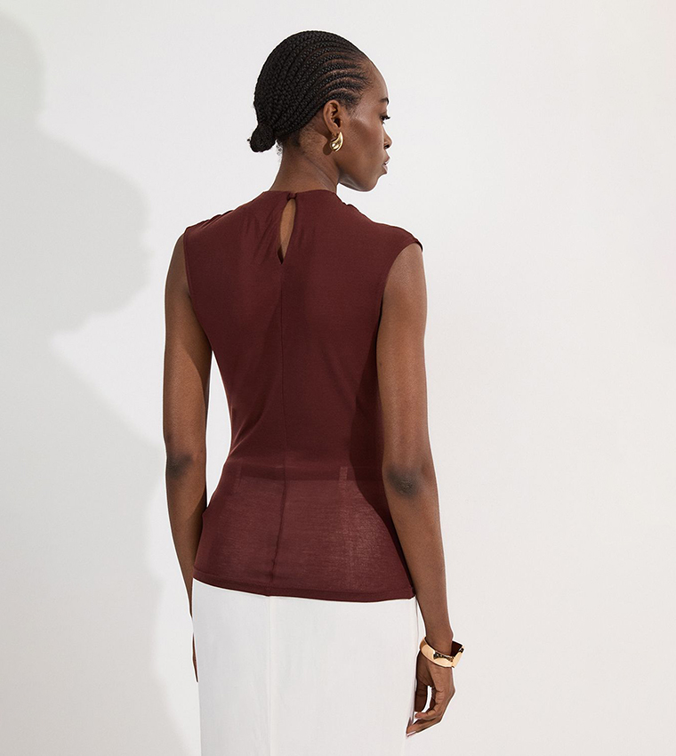 Tencel Pleated Detail High Neck Jersey Sleeveless Top