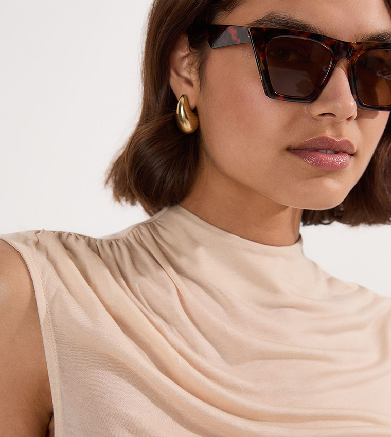 Tencel Pleated Detail High Neck Jersey Sleeveless Top