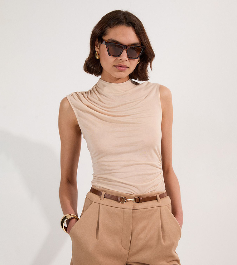 Tencel Pleated Detail High Neck Jersey Sleeveless Top