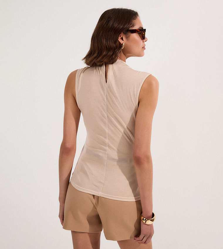 Tencel Pleated Detail High Neck Jersey Sleeveless Top