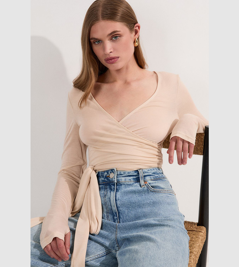 Tencel Jersey Wrap Detail Plunge Neck Long Sleeves Top