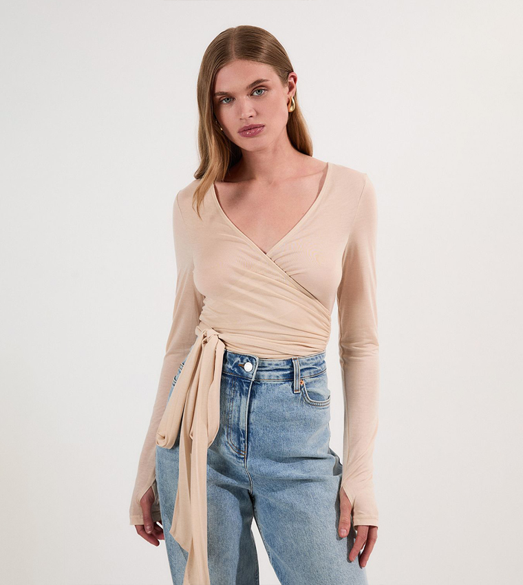 Tencel Jersey Wrap Detail Plunge Neck Long Sleeves Top