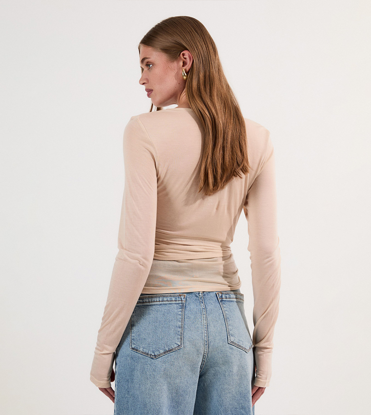 Tencel Jersey Wrap Detail Plunge Neck Long Sleeves Top