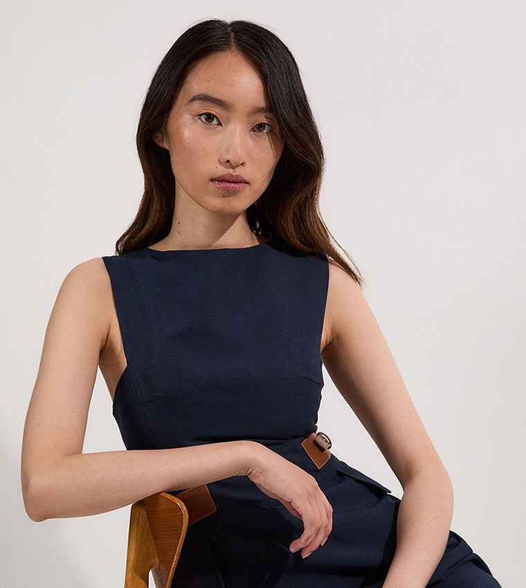 Petite Tailored Linen Tab Waist Pencil Midi Dress
