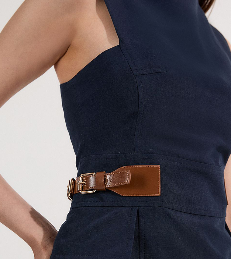 Petite Tailored Linen Tab Waist Pencil Midi Dress