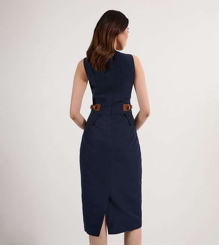 Petite Tailored Linen Tab Waist Pencil Midi Dress