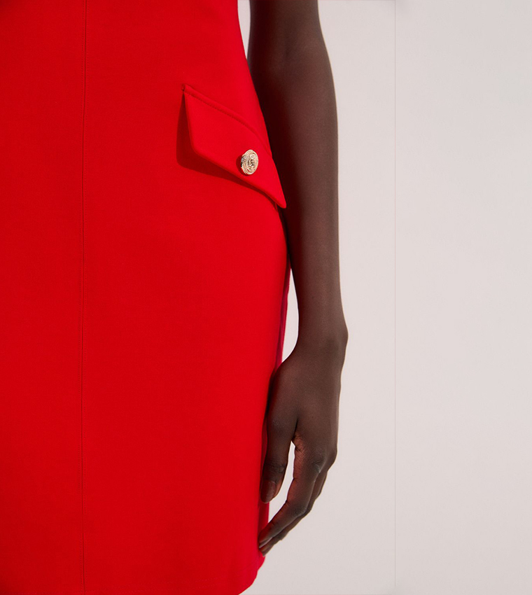 Ponte Structured Mini Dress With Gold Button Detail