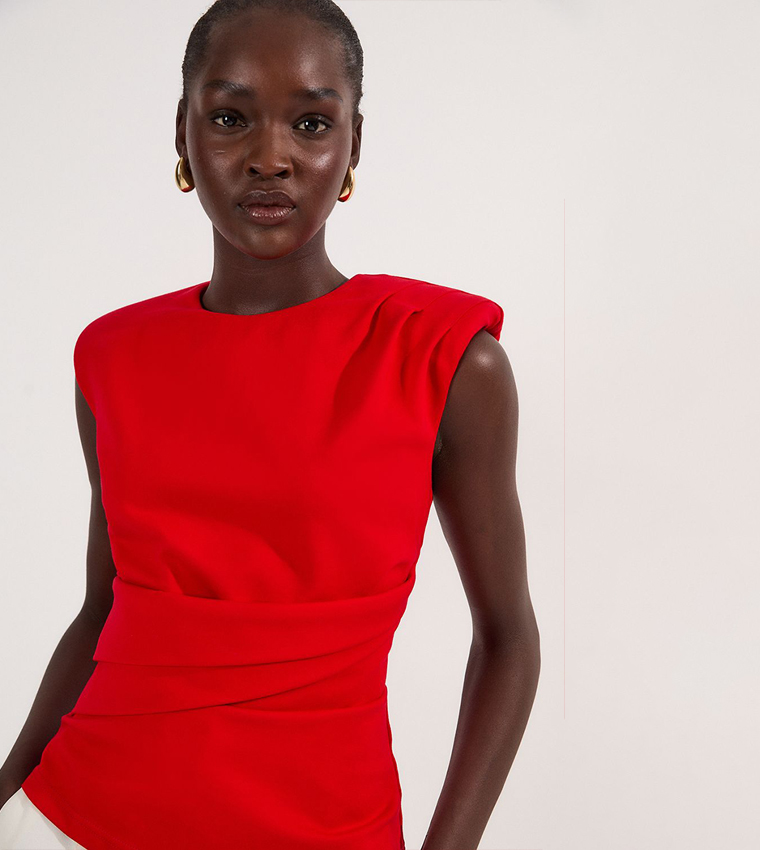 Ponte Ruched Waist Detail Round Neck Top