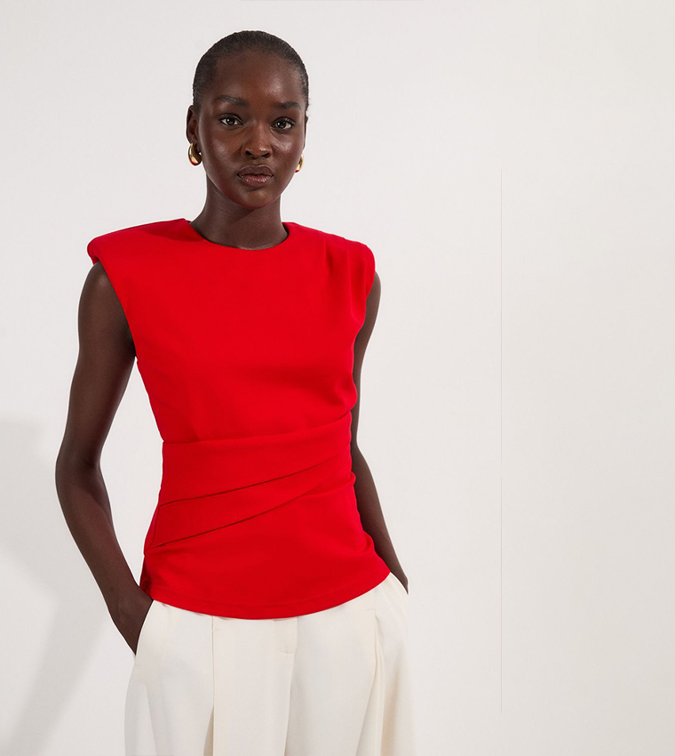 Ponte Ruched Waist Detail Round Neck Top