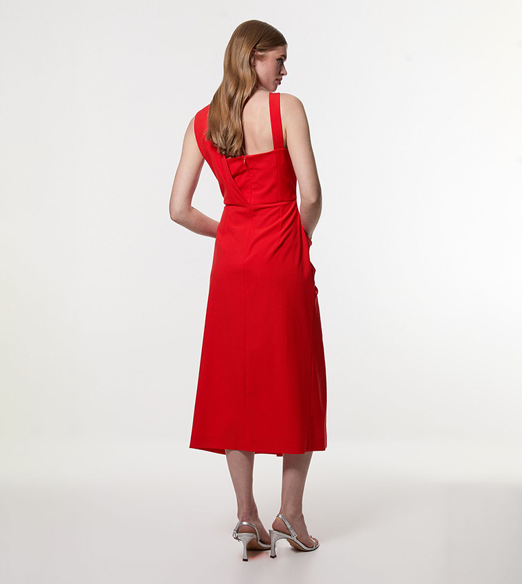 Petite Asymmetric Neck Strappy Detail Midi Dress