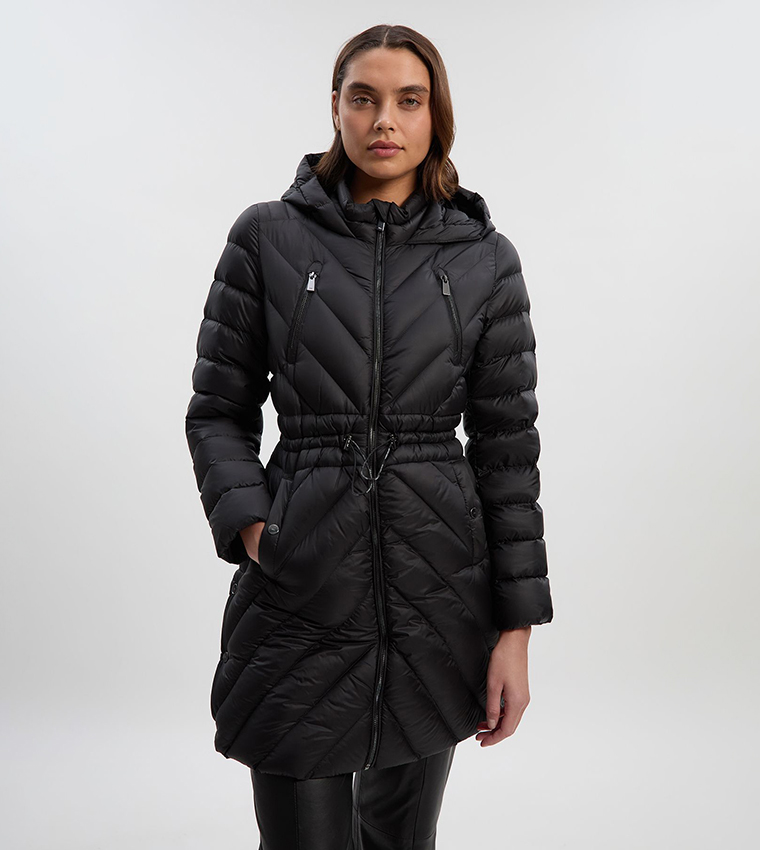 Buy Karen Millen Petite Quilted Hooded Packable Coat In Black
