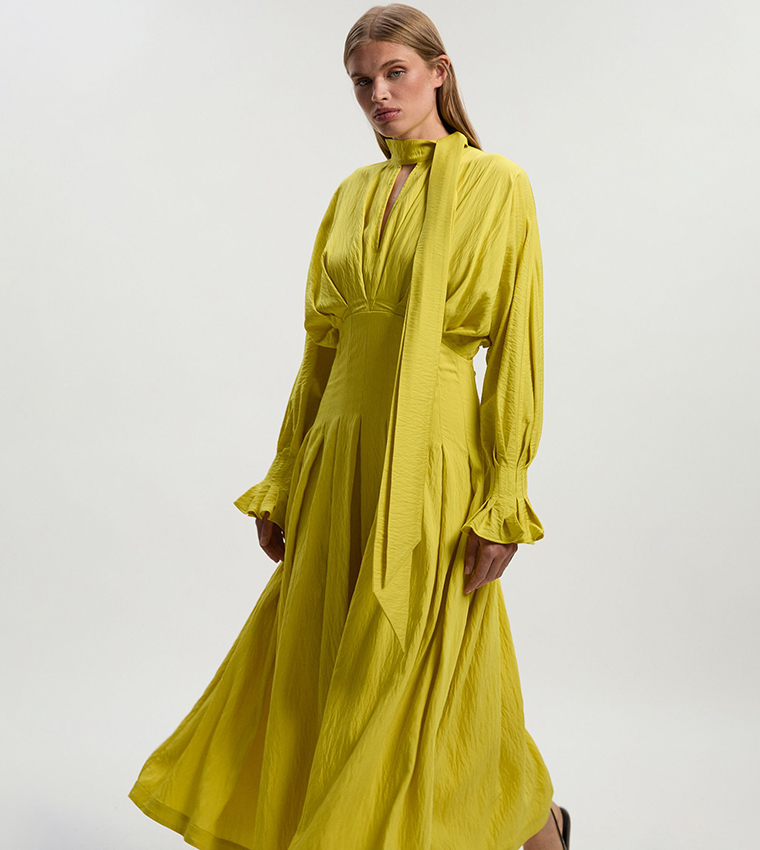 Pleated Neck Tie Detail Woven Midaxi Dress