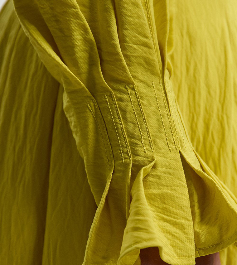 Pleated Neck Tie Detail Woven Midaxi Dress