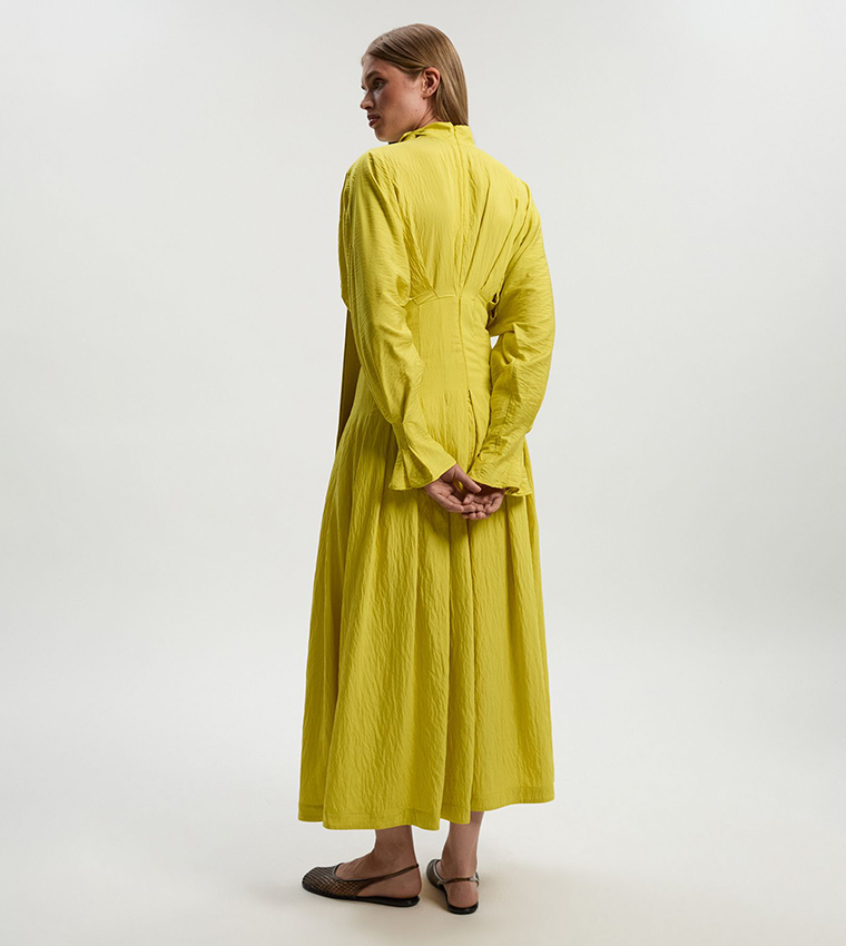 Pleated Neck Tie Detail Woven Midaxi Dress