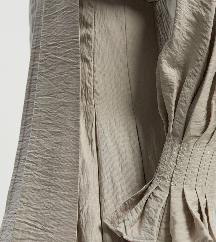 Pleated Neck Tie Detail Woven Maxi Dress