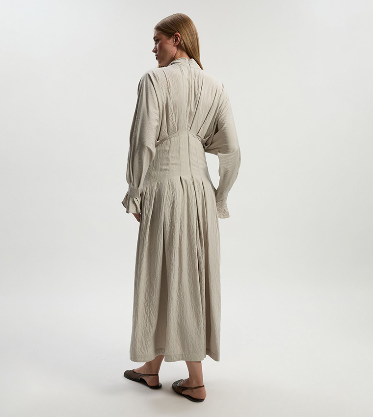 Pleated Neck Tie Detail Woven Maxi Dress