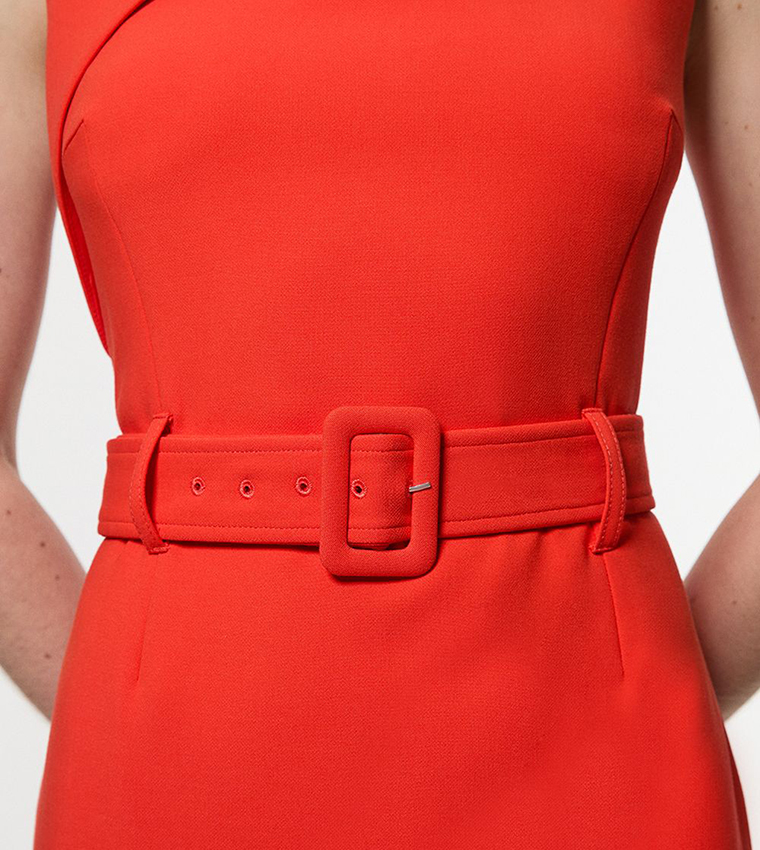 Compact Stretch Belted Pencil Midi Dress