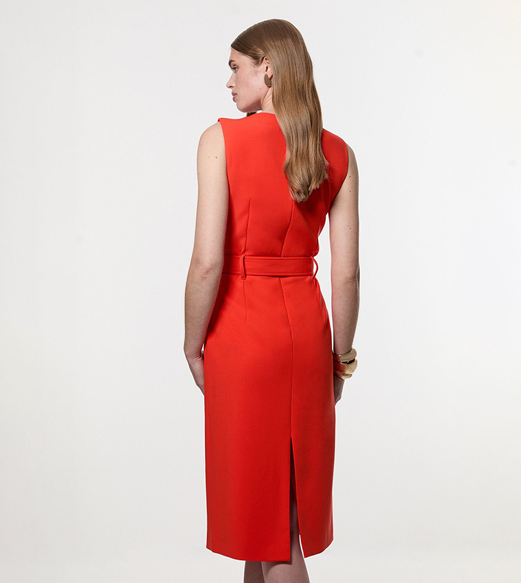 Compact Stretch Belted Pencil Midi Dress