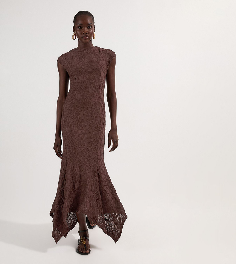 Textured Hanky Hem Short Sleeves Trim Detail Jersey Maxi Dress