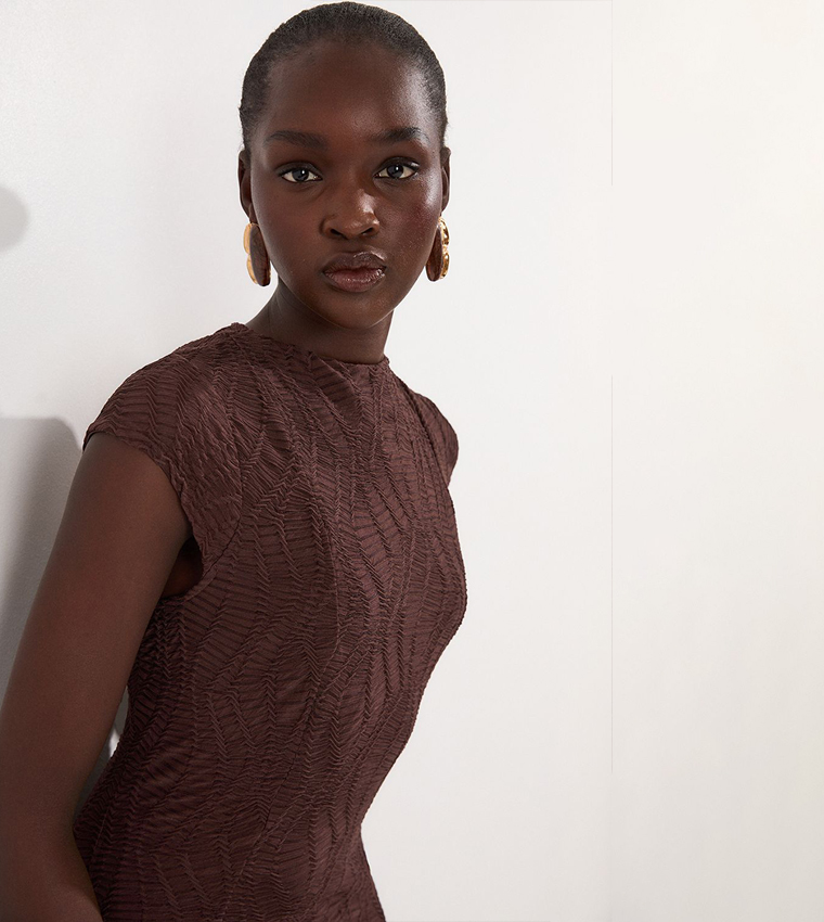 Textured Hanky Hem Short Sleeves Trim Detail Jersey Maxi Dress