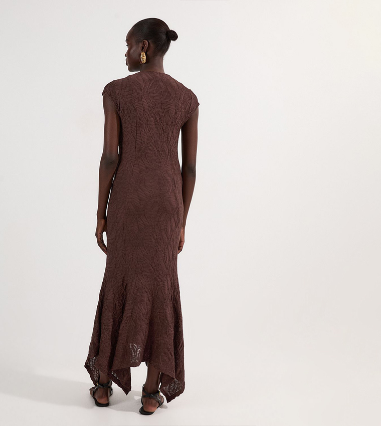 Textured Hanky Hem Short Sleeves Trim Detail Jersey Maxi Dress