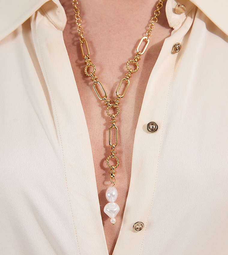 Chain Pearl Drop Detail Statement Necklace