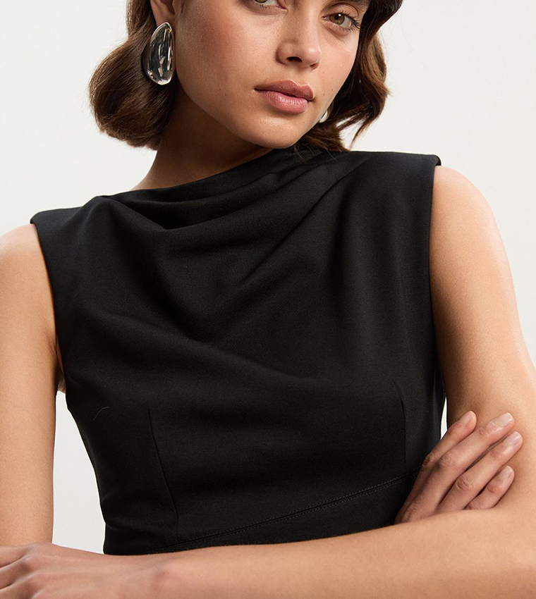 Petite Ponte Sleeveless Asymmetric Tailored Midi Dress