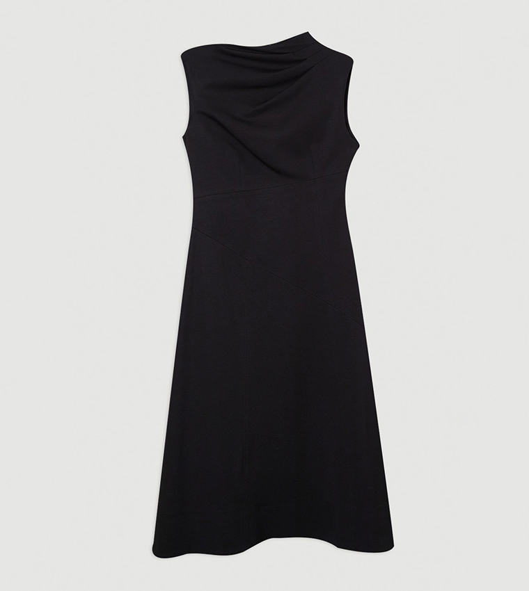 Petite Ponte Sleeveless Asymmetric Tailored Midi Dress