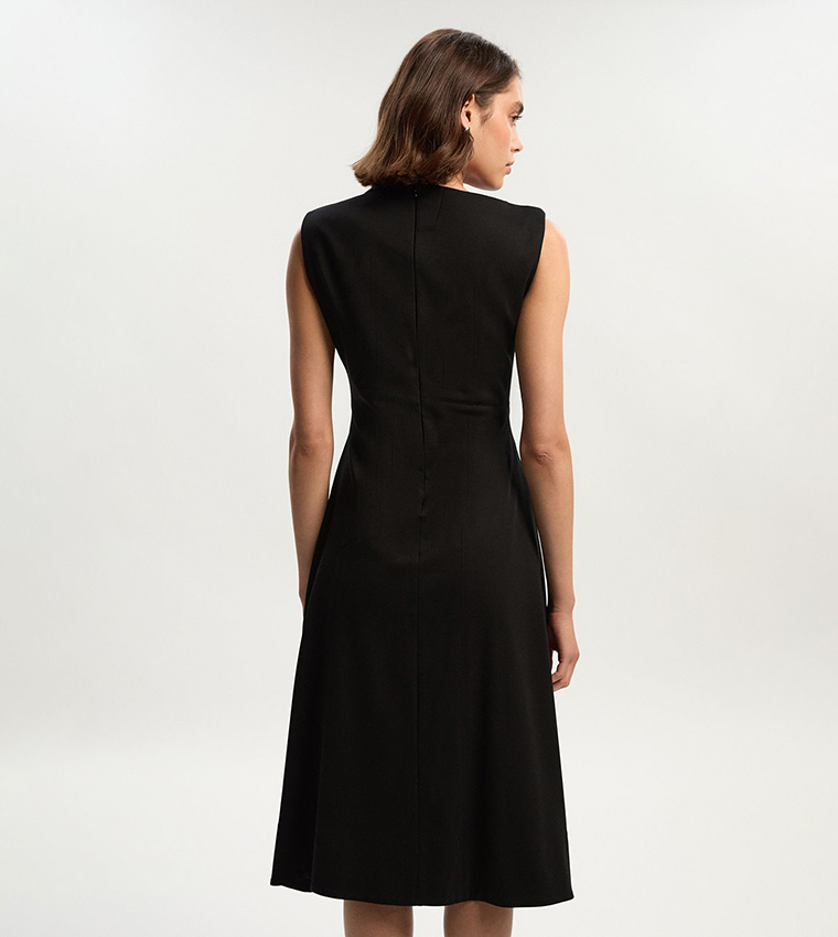 Petite Ponte Sleeveless Asymmetric Tailored Midi Dress