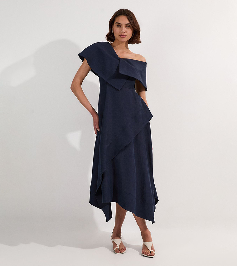 Premium Tailored Linen Asymmetric Shoulder Midi Dress
