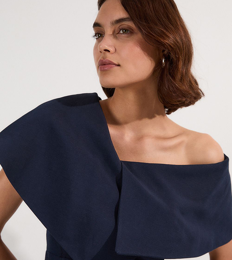 Premium Tailored Linen Asymmetric Shoulder Midi Dress