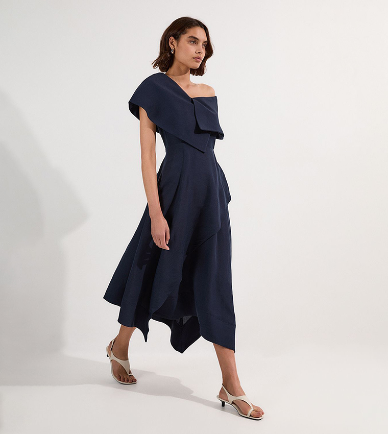 Premium Tailored Linen Asymmetric Shoulder Midi Dress
