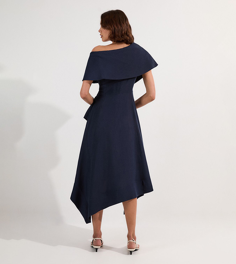 Premium Tailored Linen Asymmetric Shoulder Midi Dress