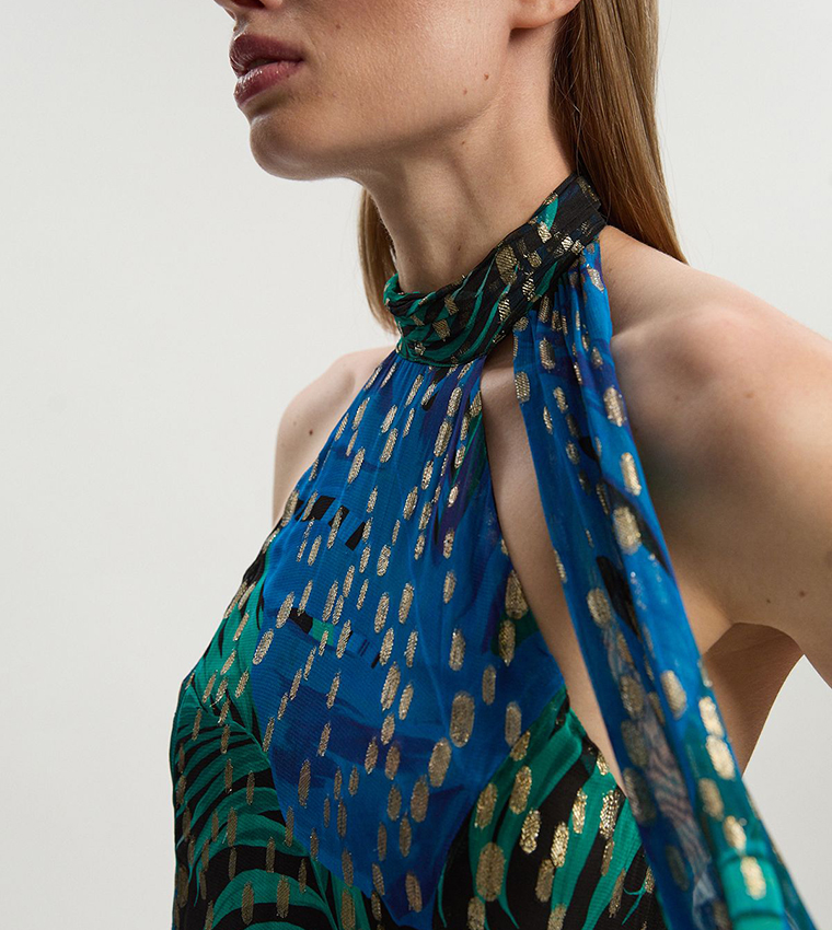 Metallic Palm Printed Halterneck Midaxi Dress