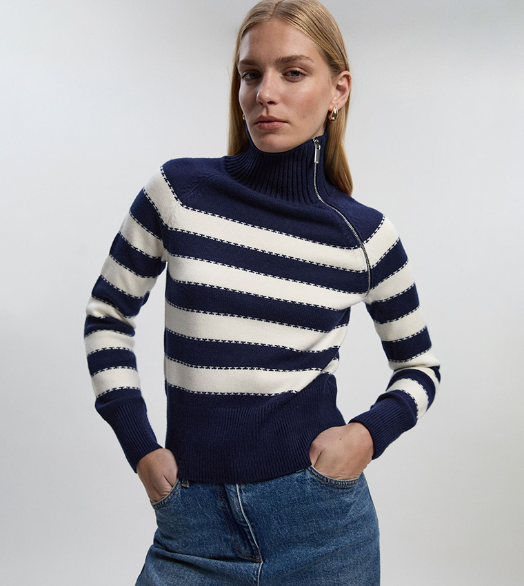 Striped Zip Through High Neck Knit Sweater