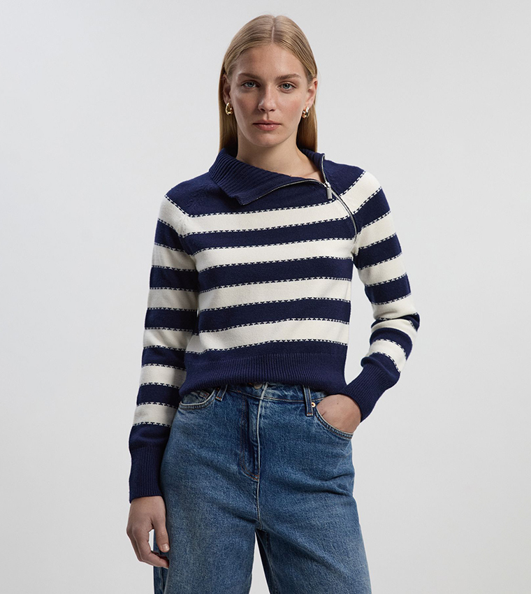 Striped Zip Through High Neck Knit Sweater