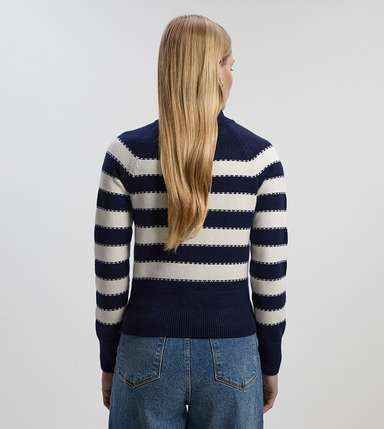 Striped Zip Through High Neck Knit Sweater