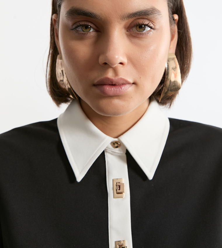 Petite Woven Midi Shirt Dress with Gold Clasps