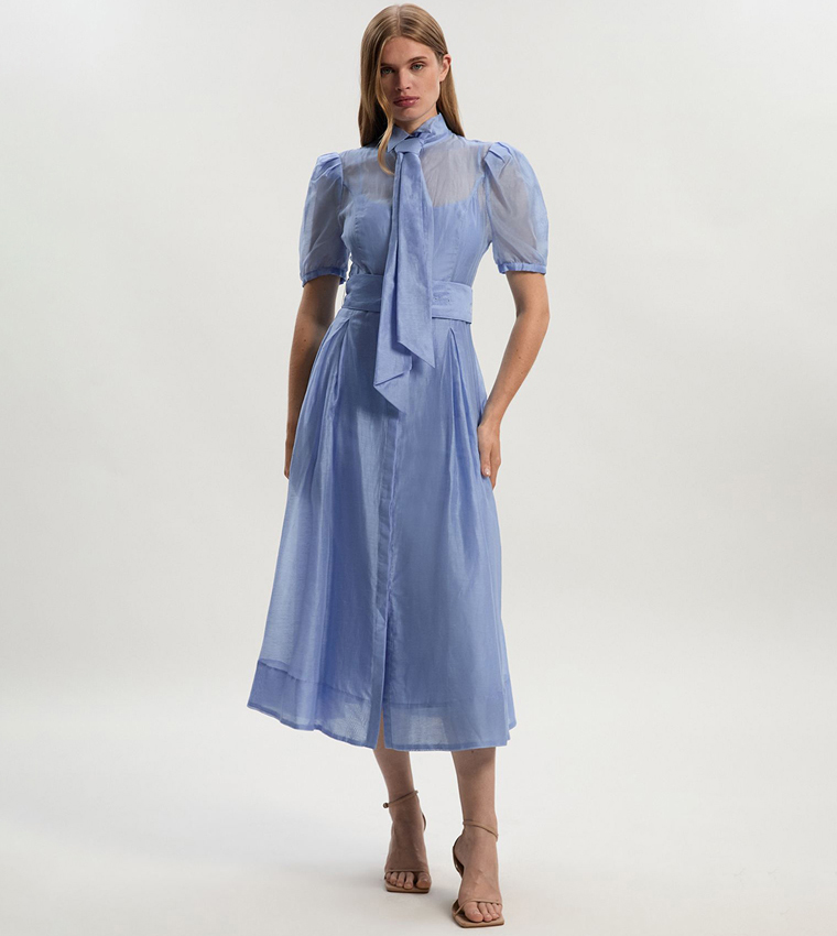 Petite Organdie Tie Neck Midi Dress