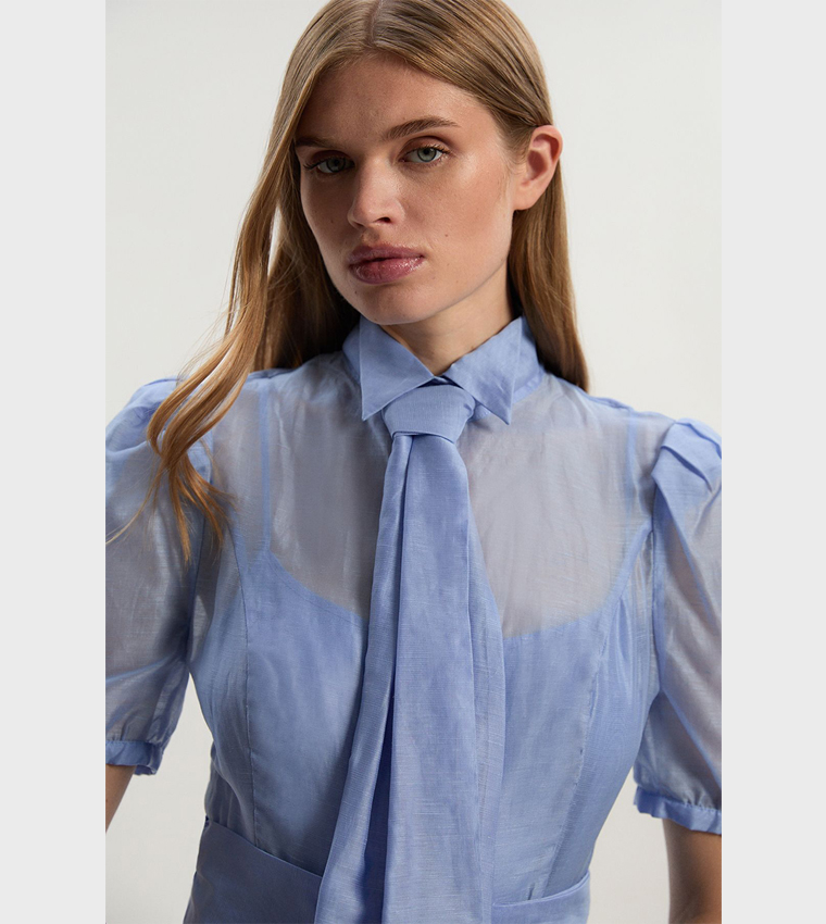 Tall Organdie Tie Neck Midi Dress