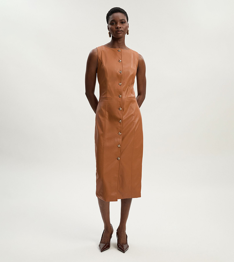 Petite Faux Leather Button Detail Pencil Midi Dress