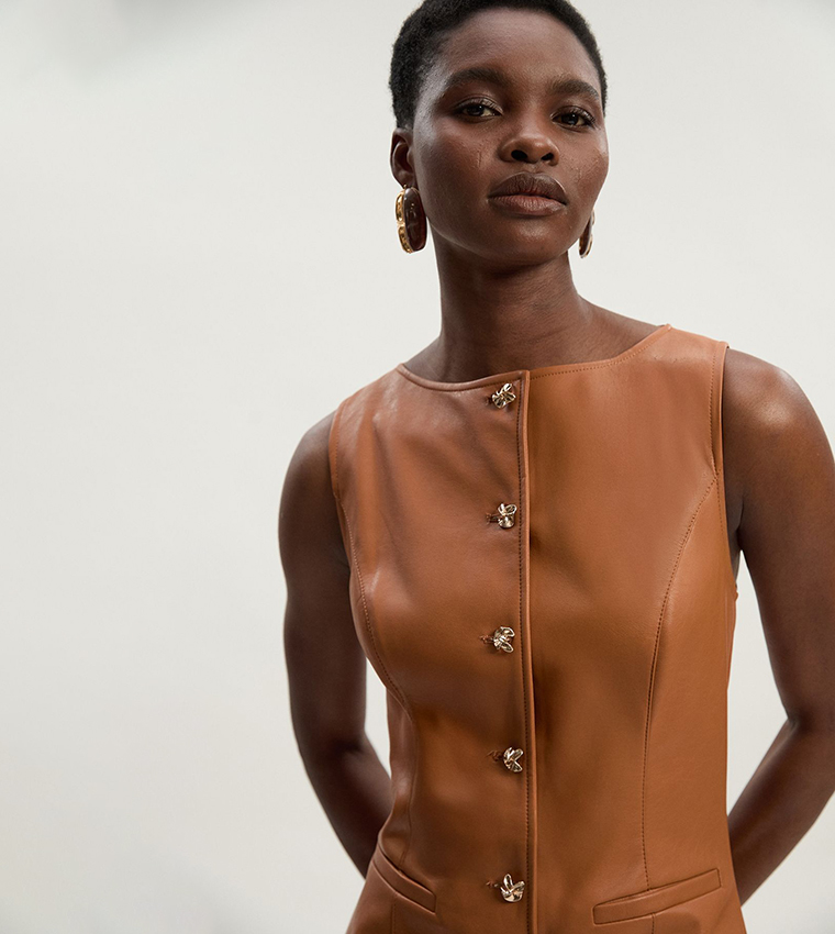 Petite Faux Leather Button Detail Pencil Midi Dress